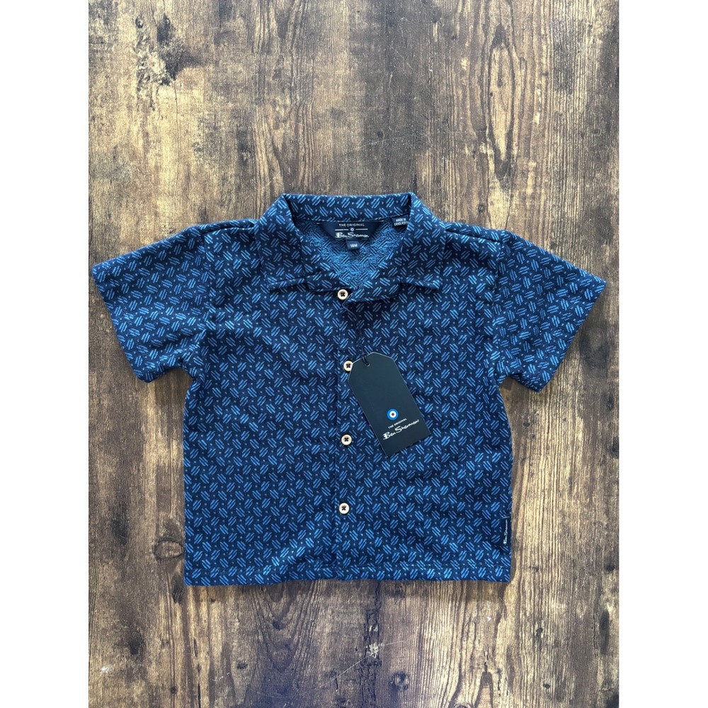 Ben Sherman Toddler Boys Navy Blue Geometric Knit Button Down Shirt 18M NWT